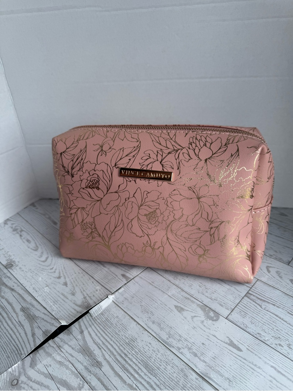 Vince Camuto Rose Pink Cosmetic Case with Gold Floral Print